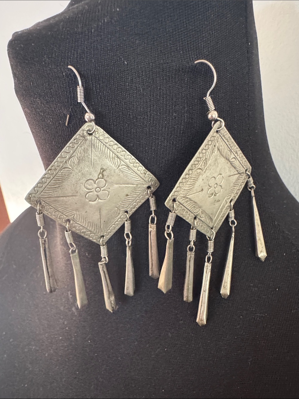 Vintage Silver-Tone Floral Diamond Dangle Earrings